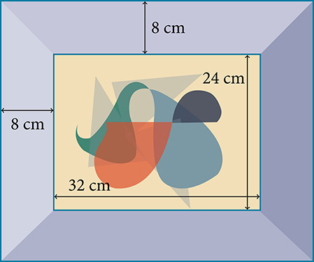 An art frame with a piece of artwork in the center. The frame has a width of 8 centimeters. The artwork itself has a length of 32 centimeters and a width of 24 centimeters.