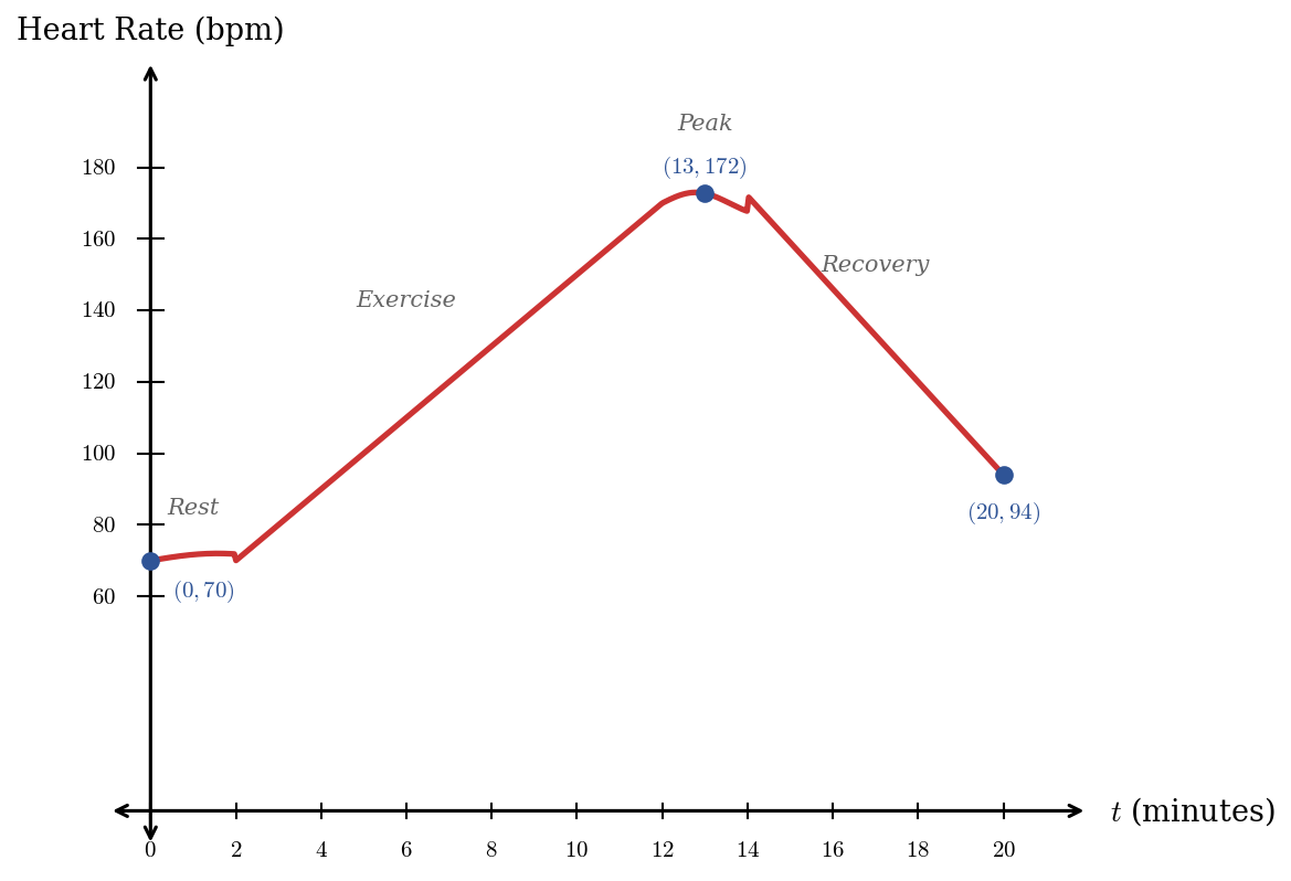 Graph of heart rate in beats per minute over 20 minutes during a stress test. Heart rate begins at 70 bpm, rises to a peak of 172 bpm at 13 minutes, then declines to 94 bpm at 20 minutes.