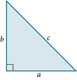 Right triangle with legs labeled a and b and hypotenuse labeled c.