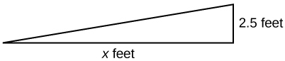A right-angled triangle is shown with its horizontal leg labeled as "x feet" and its vertical leg labeled as "2.5 feet". The hypotenuse of the triangle is not labeled.