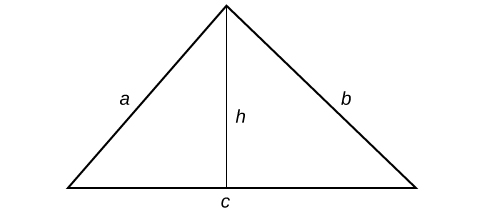 A triangle with sides labeled: a, b and c.  A line runs from one vertex to meet the opposite side perpendicularly; this line is labeled: h.