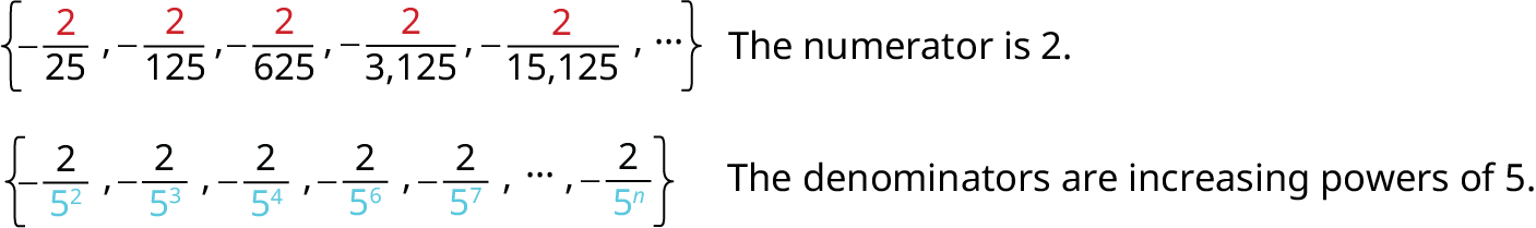 The image illustrates a sequence of fractions. The top line shows the sequence as {2/25, 2/125, 2/625, 2/3,125, 2/15,125, ...} and explicitly states that the numerator is 2. The bottom line reiterates the sequence with the denominators expressed as powers of 5: {2/5^2, 2/5^3, 2/5^4, 2/5^6, 2/5^7, ..., 2/5^n}, clarifying that the denominators are increasing powers of 5.