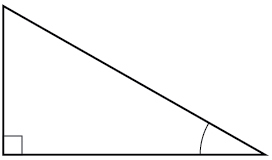 A right triangle with the right angle at the lower left and a marked acute angle at the lower right.
