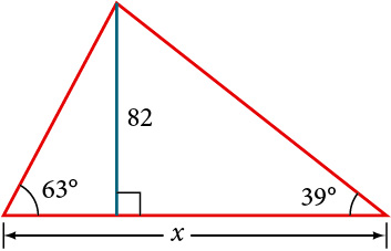 A triangle with angles of 63 degrees and 39 degrees and side x. Bisector in triangle with length of 82.