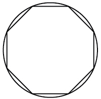A regular octagon inscribed in a circle. The octagon's vertices touch the circle, and its eight equal sides are drawn as straight line segments inside the circle.