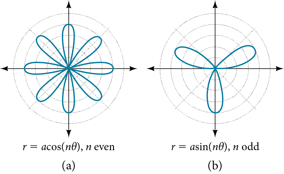 Graph of two rose curves side by side. (A) is r=acos(ntheta), where n is even. Eight petals extending from origin, equally spaced. (B) is r=asin(ntheta) where n is odd. Three petals extending from the origin, equally spaced.